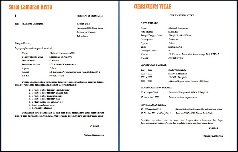 Contoh Surat Pelamaran Kerja Cv