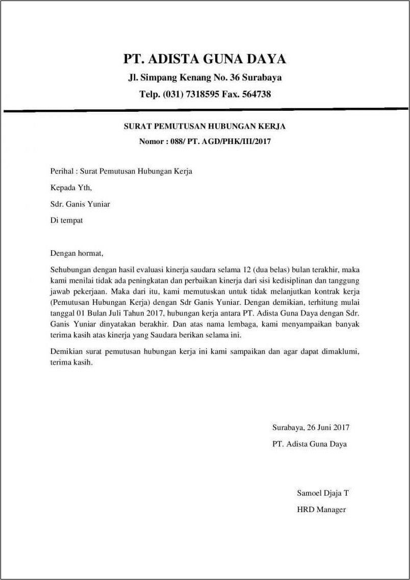 Contoh Surat Pemberhentian Kerja Bumn