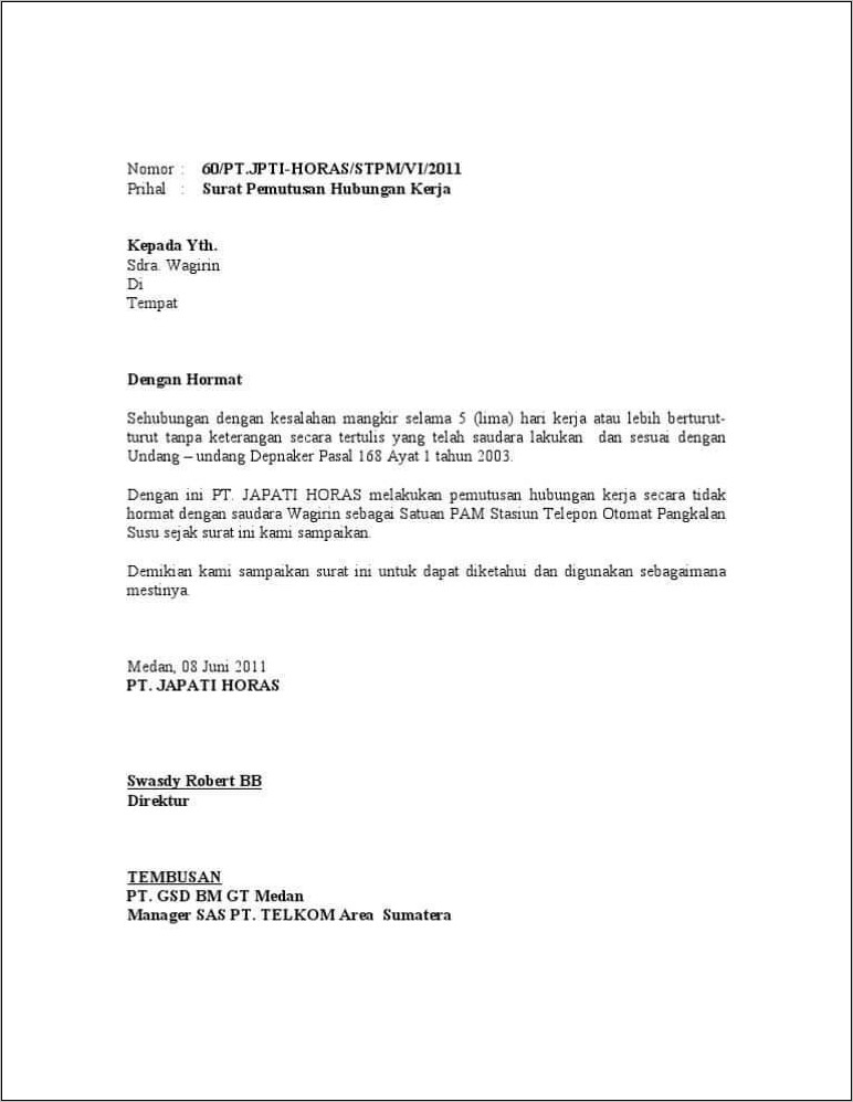 Contoh Surat Pemberhentian Kerja Pegawai Honorer
