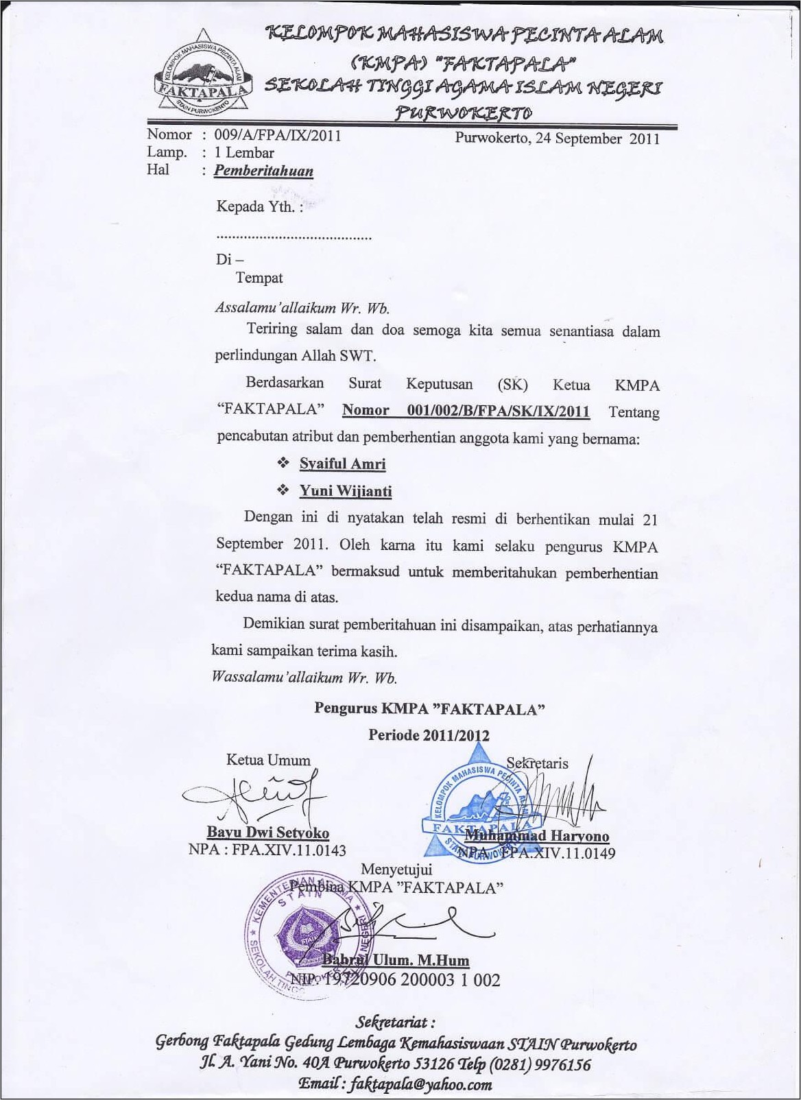 Contoh Surat Pemberhentian Kerja Perbawaslu