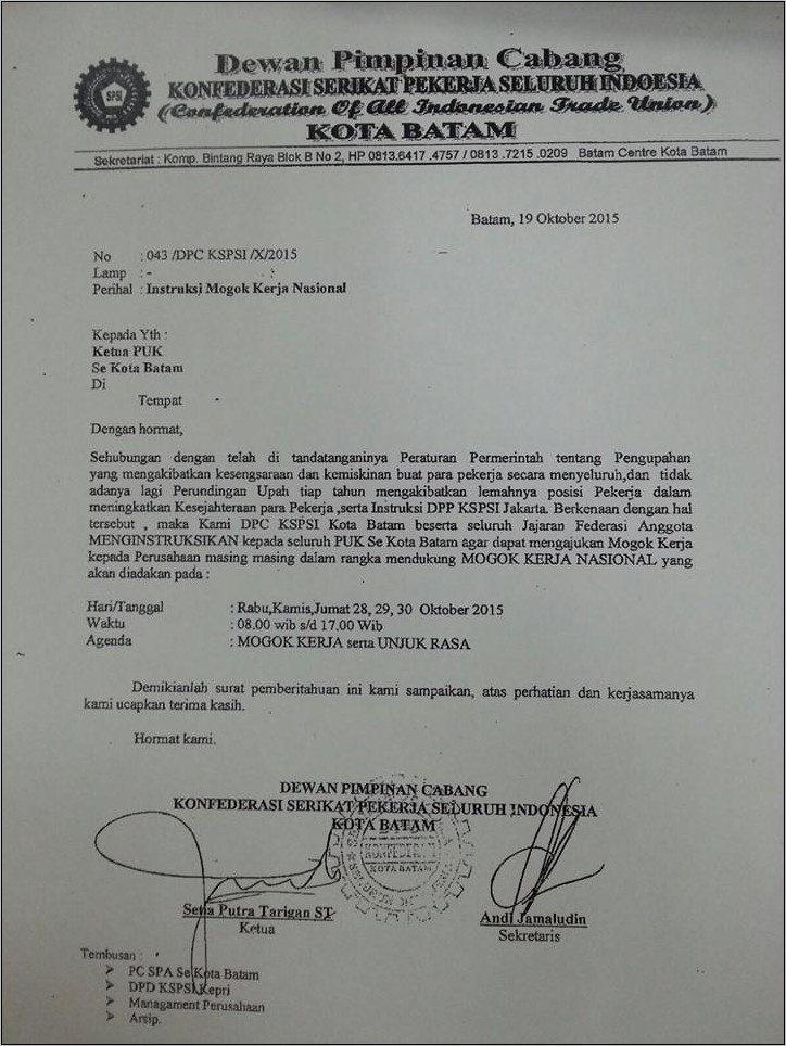 Contoh Surat Pemberitahuan Aksi Mogok Kerja