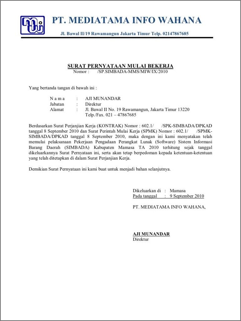 Contoh Surat Pemberitahuan Memulai Pekerjaan Proyek