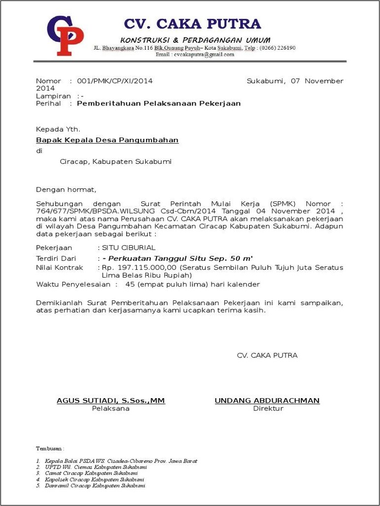 Contoh Surat Pemberitahuan Mulai Pekerjaan Dinas Pu