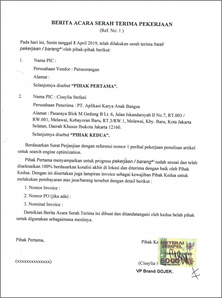 Contoh Surat Pemberitahuan Penyelesaian Pekerjaan