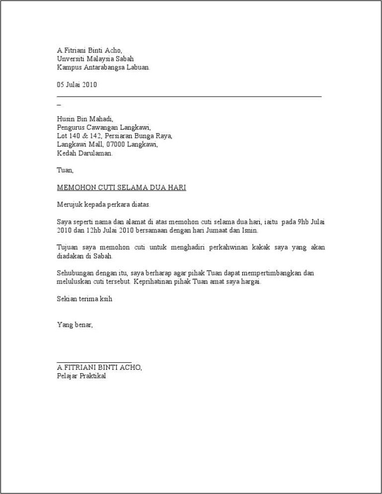 Contoh Surat Pemeberitahuan Ijin Kerja
