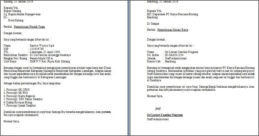 Contoh Surat Pemindahan Tempat Kerja