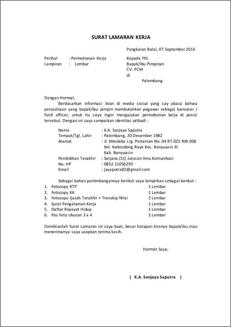 Contoh Surat Pemohonan Lamaran Kerja Di Kantor