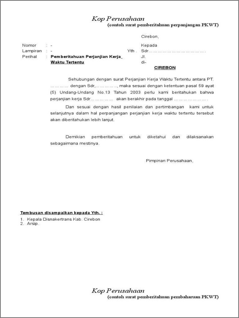 Contoh Surat Pemutusan Kerja Dengan Suplayer