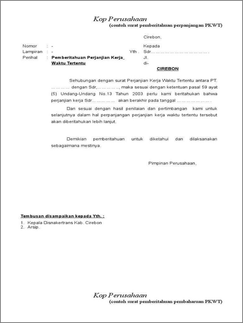Contoh Surat Pemutusan Kontrak Kerja Kontraktor