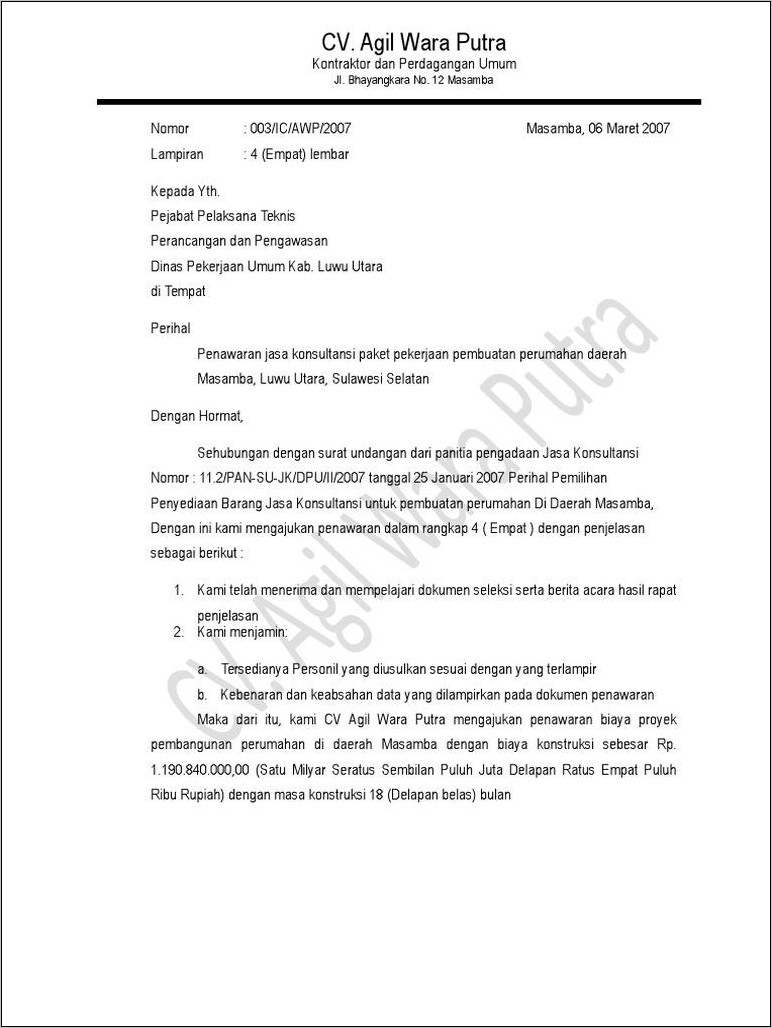 Contoh Surat Penawaran Kerja Arsitektur