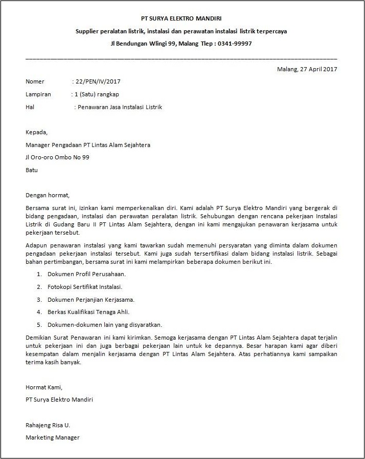 Contoh Surat Penawaran Kerja Gorden