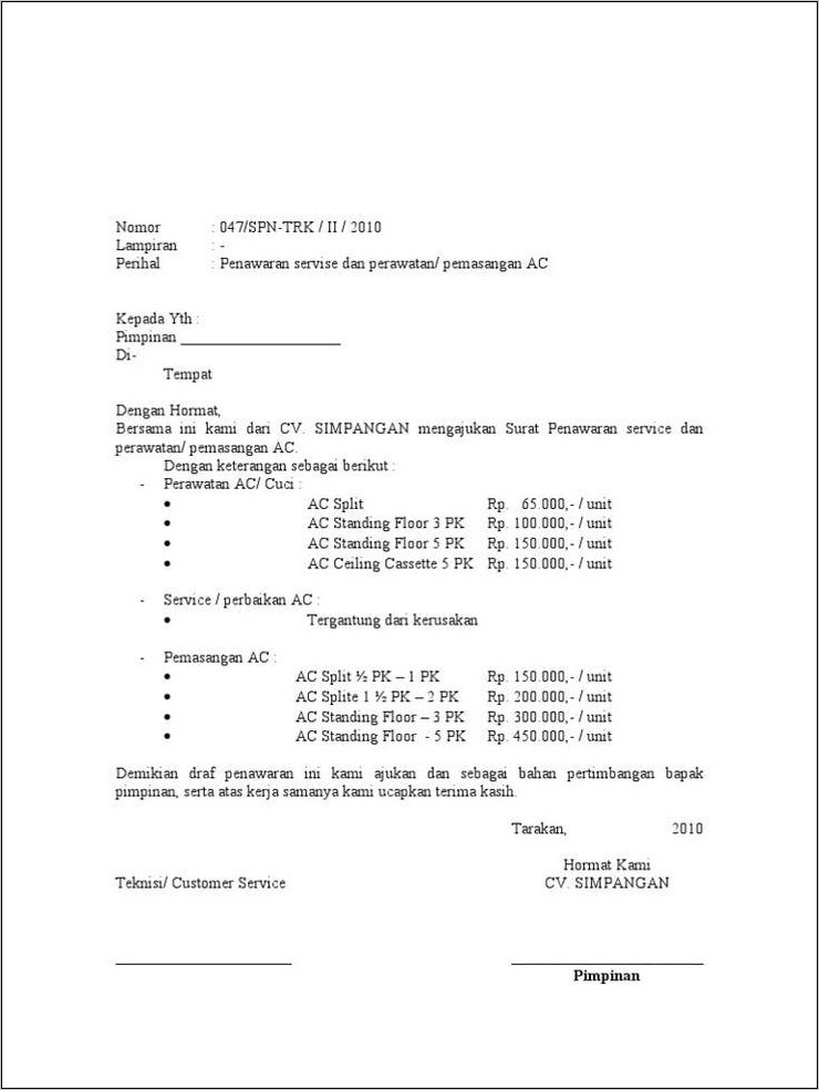Contoh Surat Penawaran Pekerjaan Ac