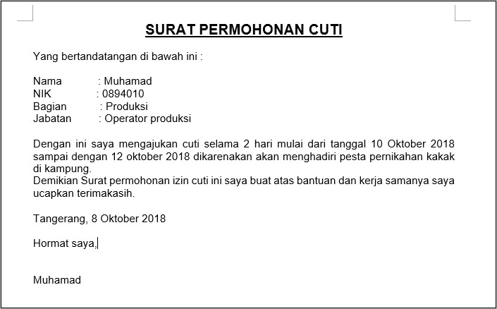 Contoh Surat Pengajuan Cuti Kerja