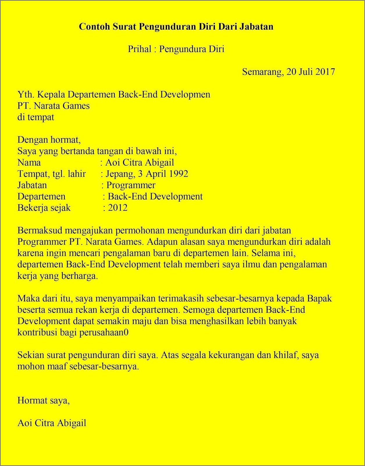 Contoh Surat Pengajuan Pengunduran Diri Kerja