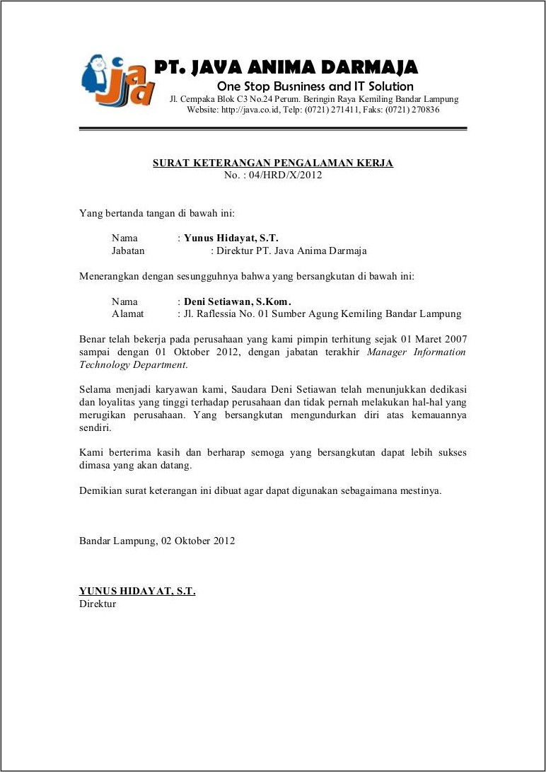 Contoh Surat Pengalam Kerja Dalam Bahasa Inggris