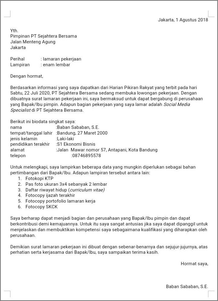 Contoh Surat Pengalaman Kerja Bahasa Indonesia