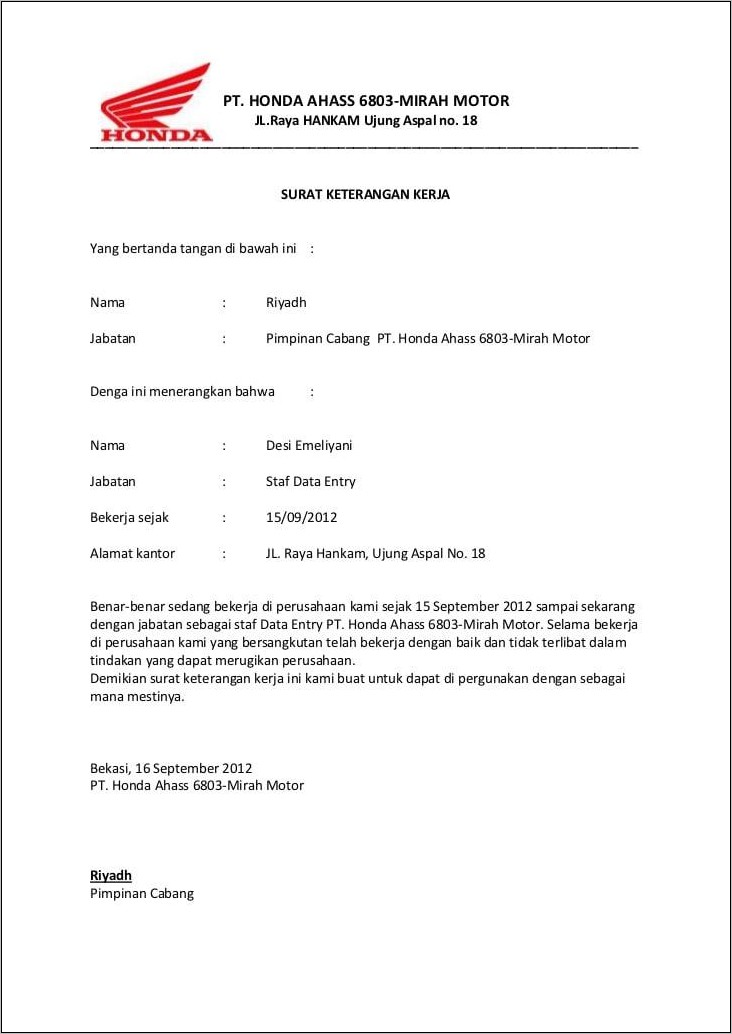 Contoh Surat Pengalaman Kerja Bengkel Motor