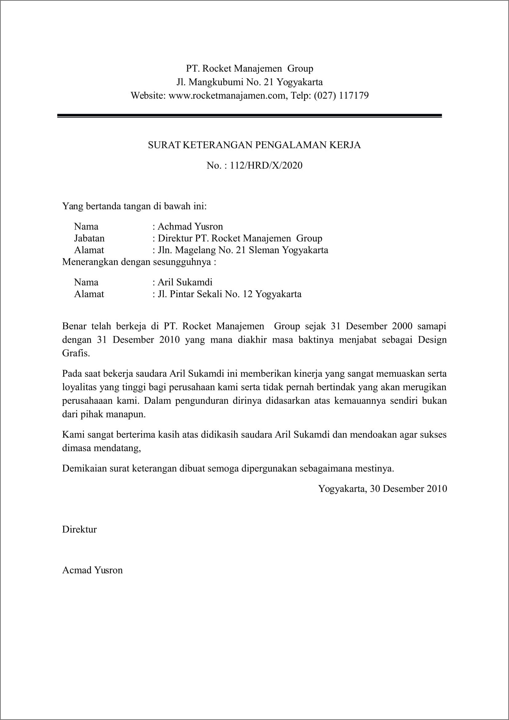 Contoh Surat Pengalaman Kerja Dari Perusahaan Doc