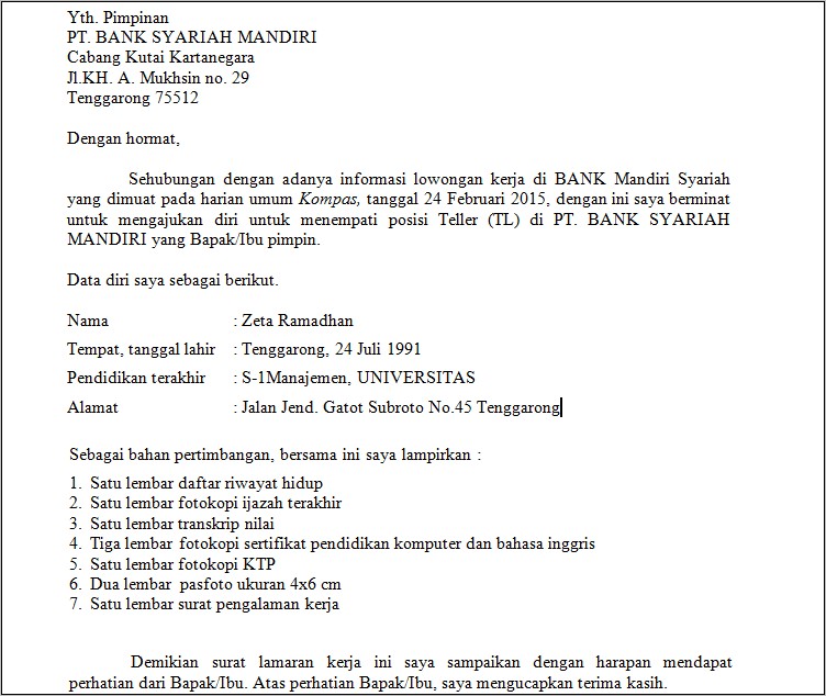 Contoh Surat Pengalaman Kerja Di Bank Mandiri Surat Lamaran Kerja