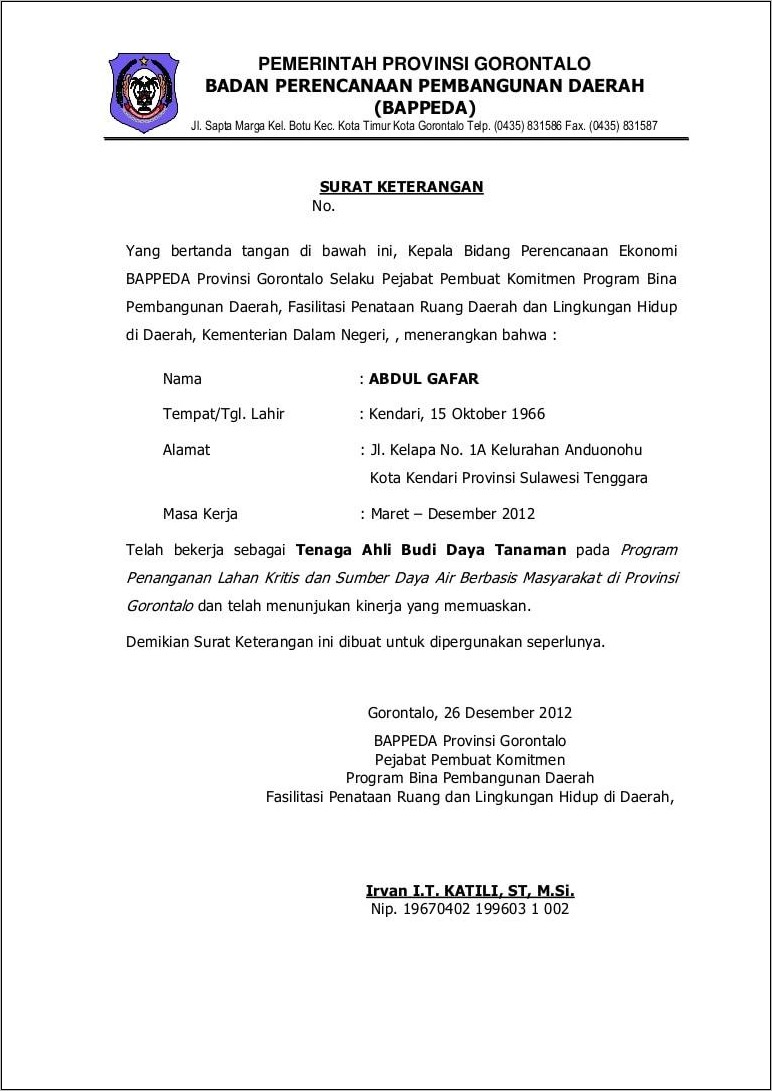 Contoh Surat Pengalaman Kerja It