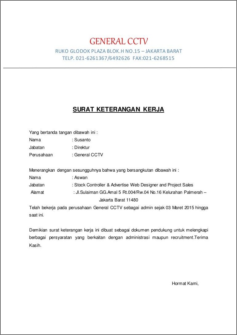 Contoh Surat Pengalaman Kerja Merangkap