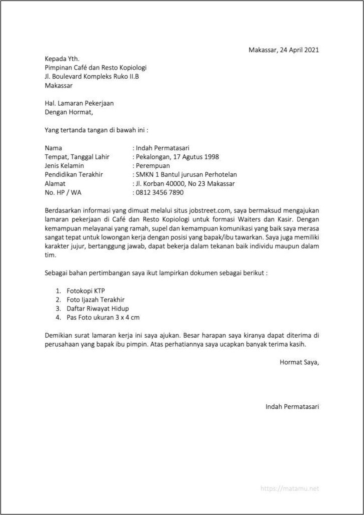 Contoh Surat Pengalaman Kerja Restoran