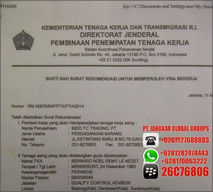 Contoh Surat Pengalaman Kerja Untuk Tka