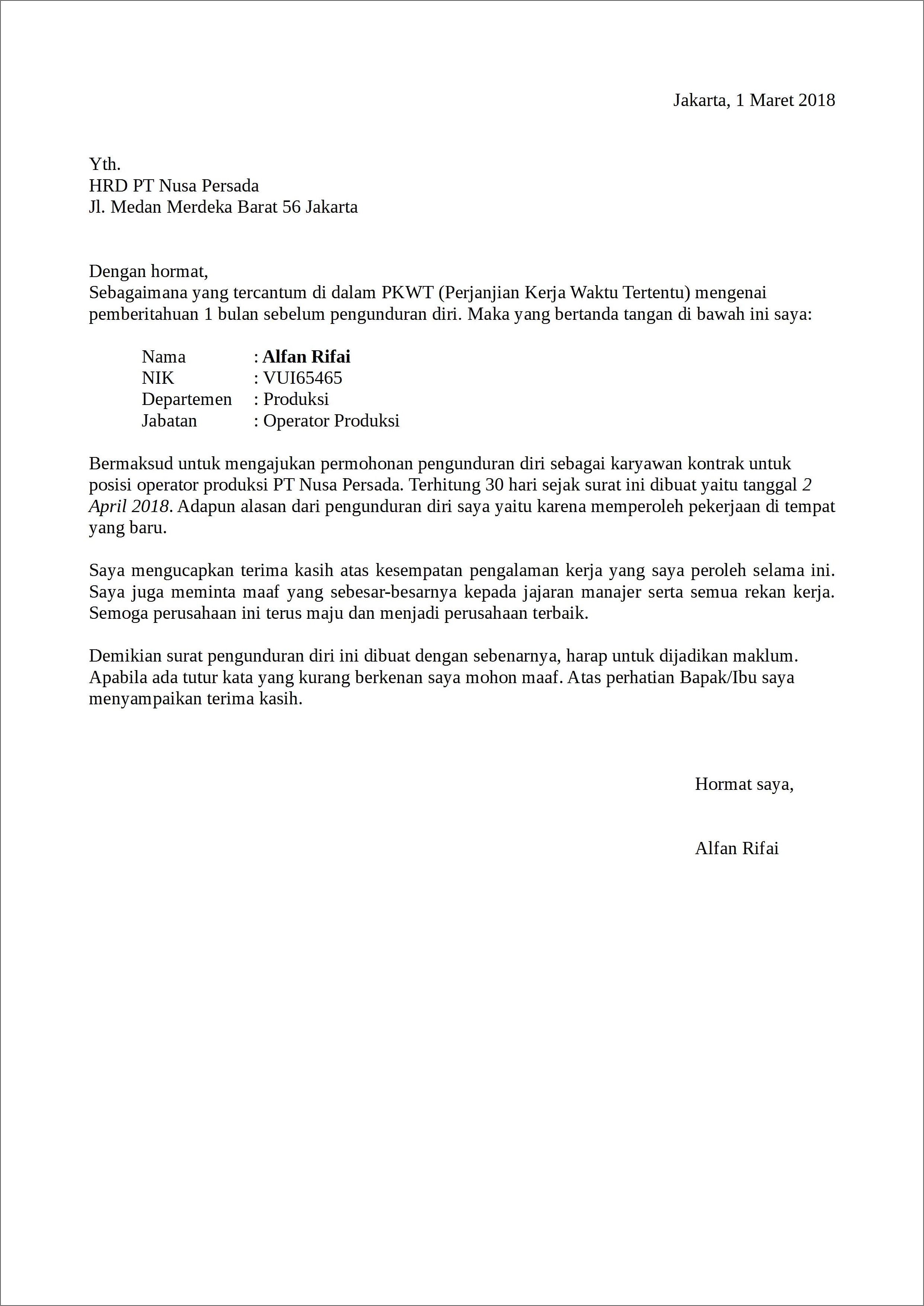 Contoh Surat Pengalaman Kerja Yang Mengundurkan Diri