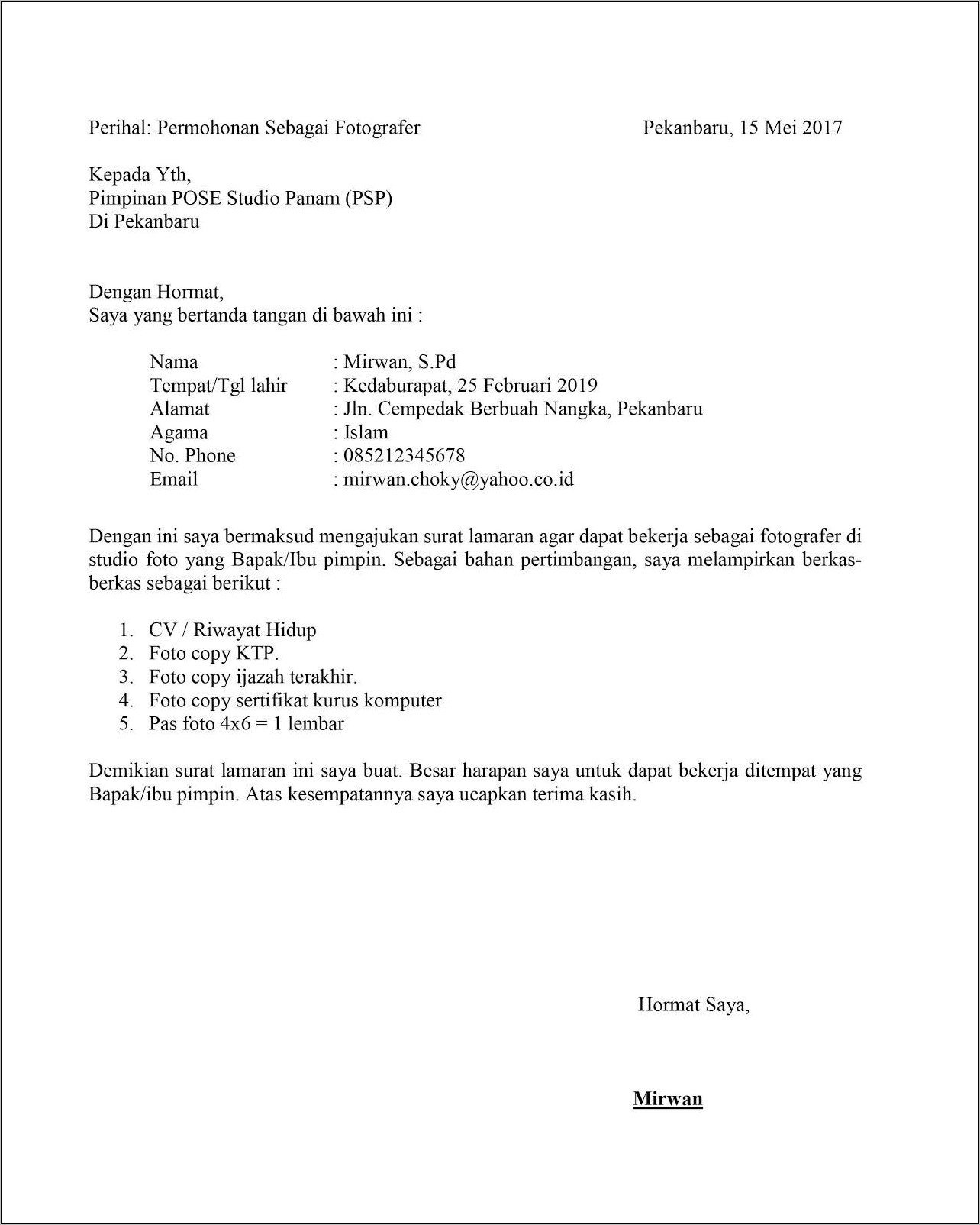 Contoh Surat Pengalaman Kerja