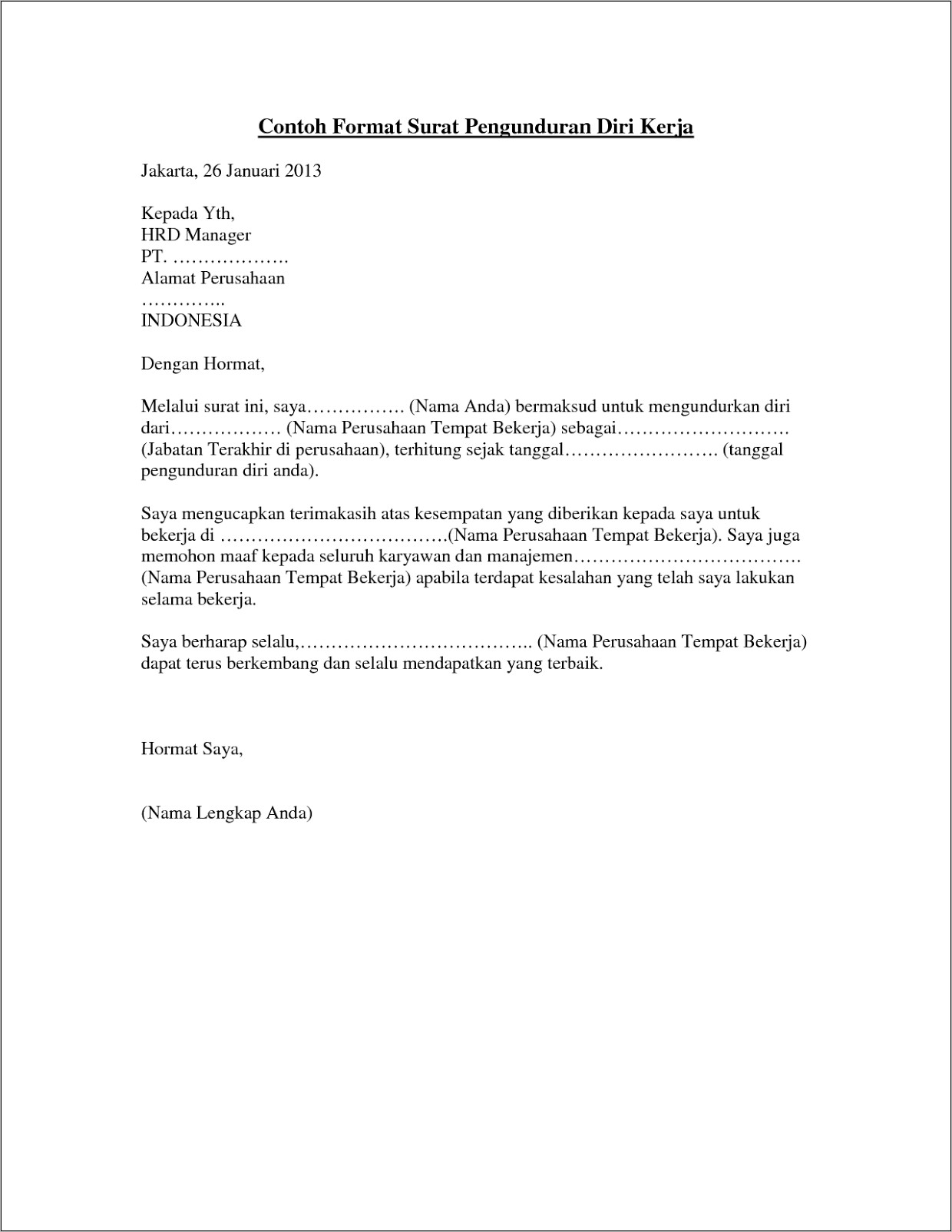 Contoh Surat Pengundran Diri Kerja