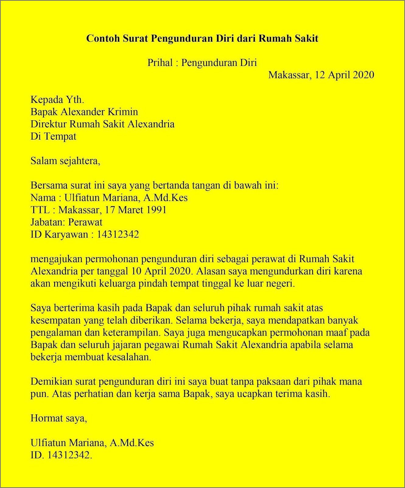 Contoh Surat Pengunduran Diri Bekerja Dari Perusahaan