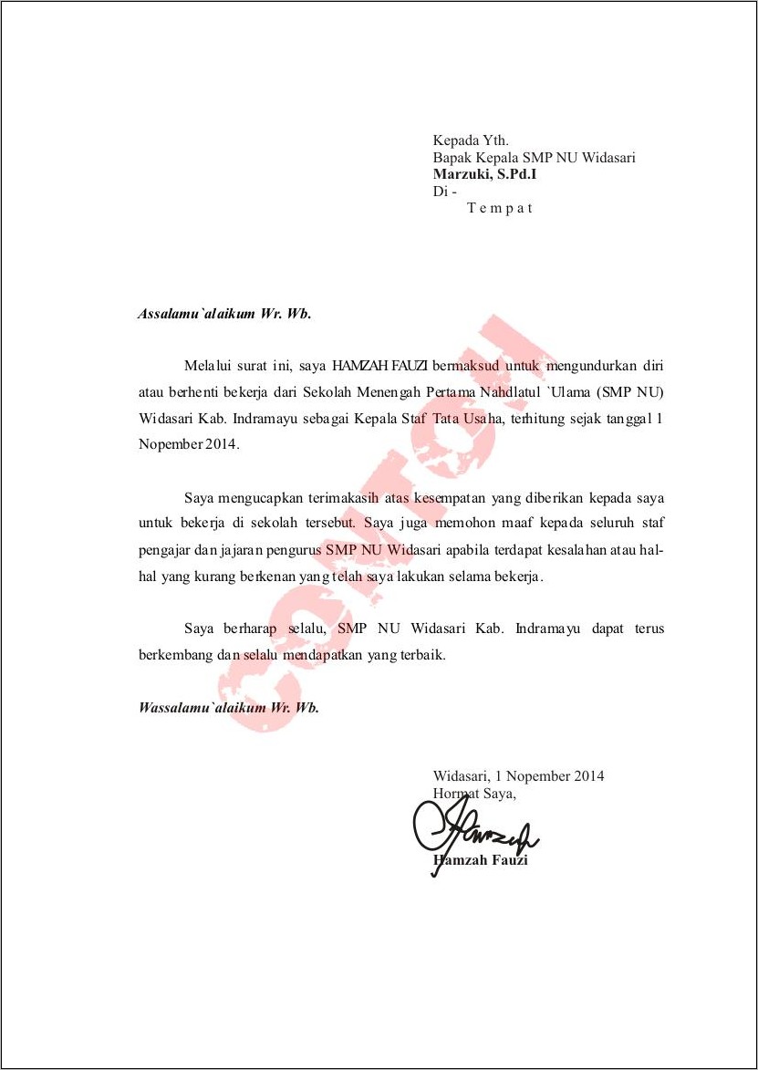 Contoh Surat Pengunduran Diri Bekerja Dari Sekolah