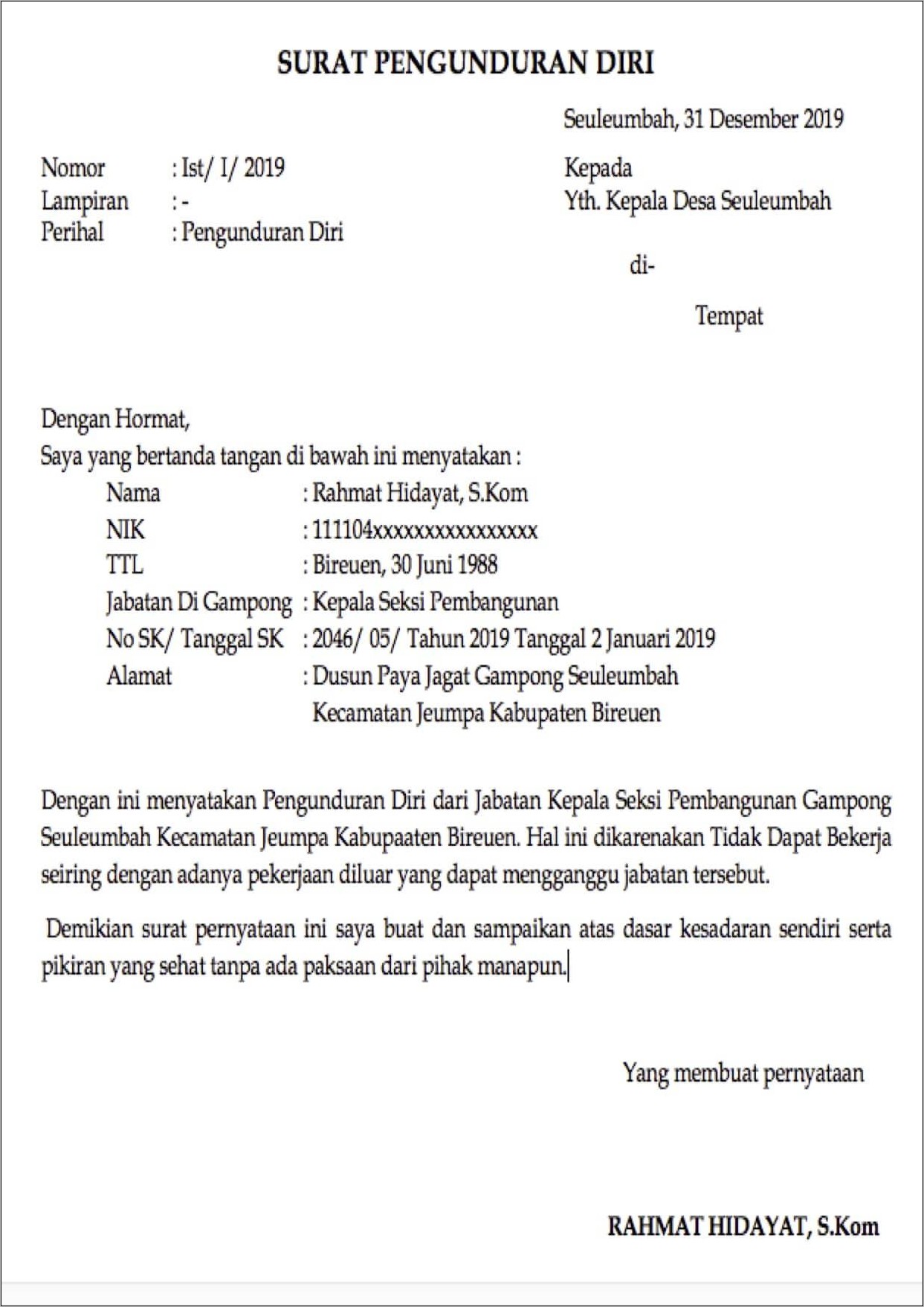 Contoh Surat Pengunduran Diri Dari Kerja