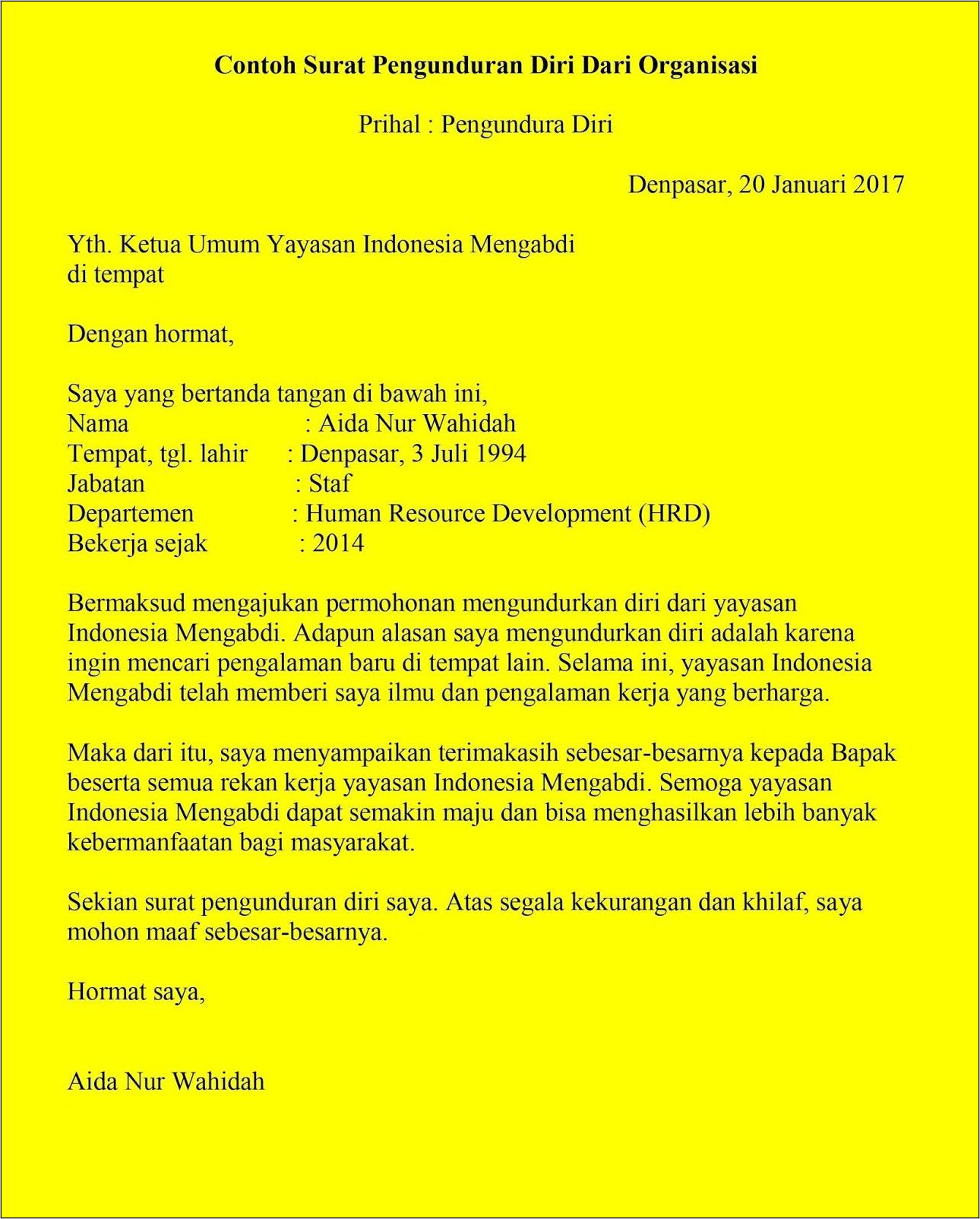 Contoh Surat Pengunduran Diri Dari Pekerjaan Di Sekolah