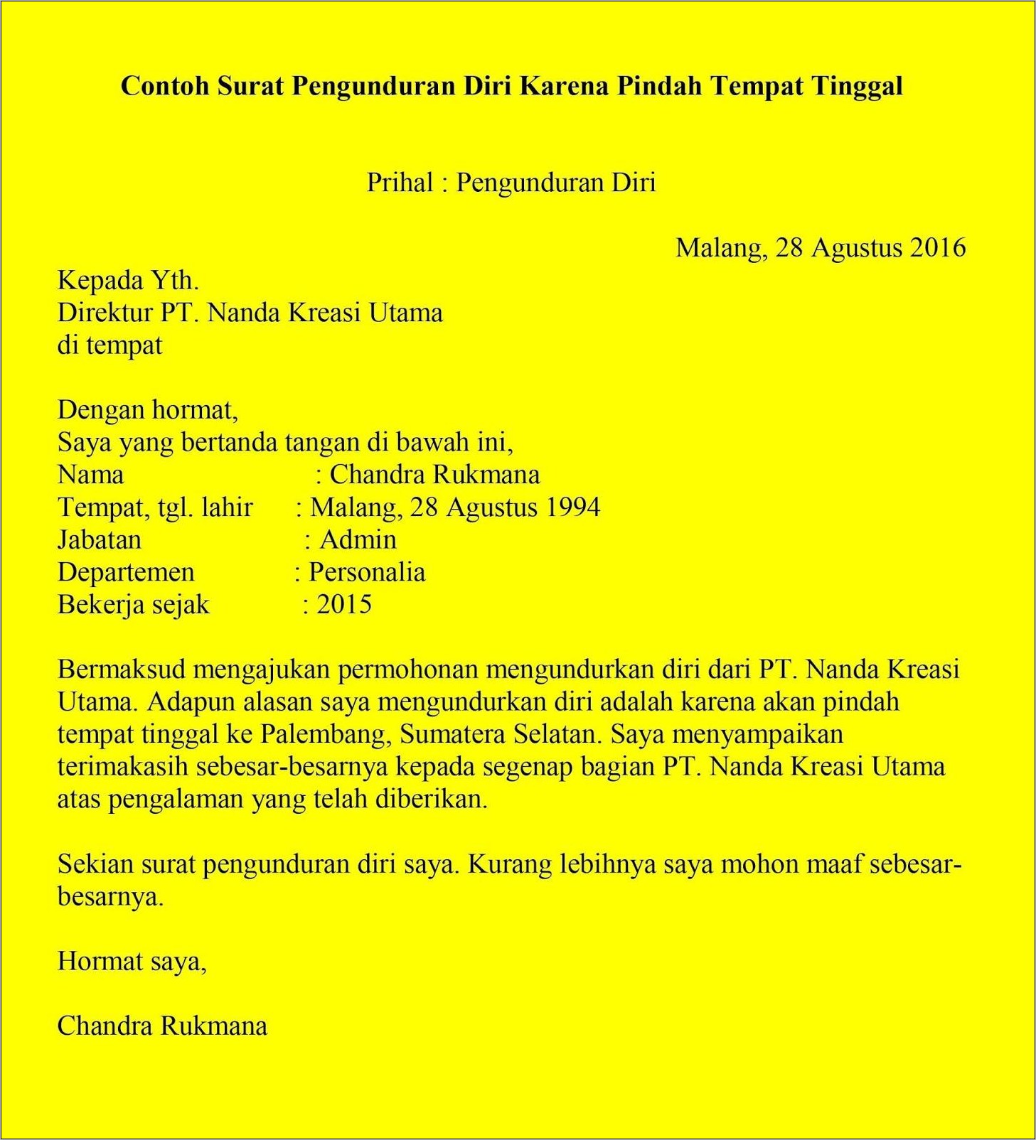 Contoh Surat Pengunduran Diri Dari Pekerjaan Proyek