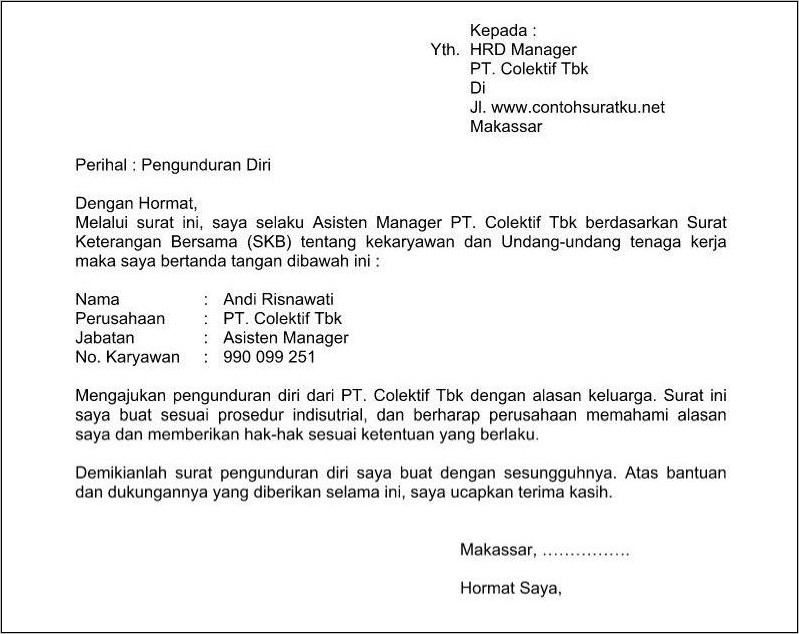 Contoh Surat Pengunduran Diri Dari Pekerjaan Sebagai Perawat