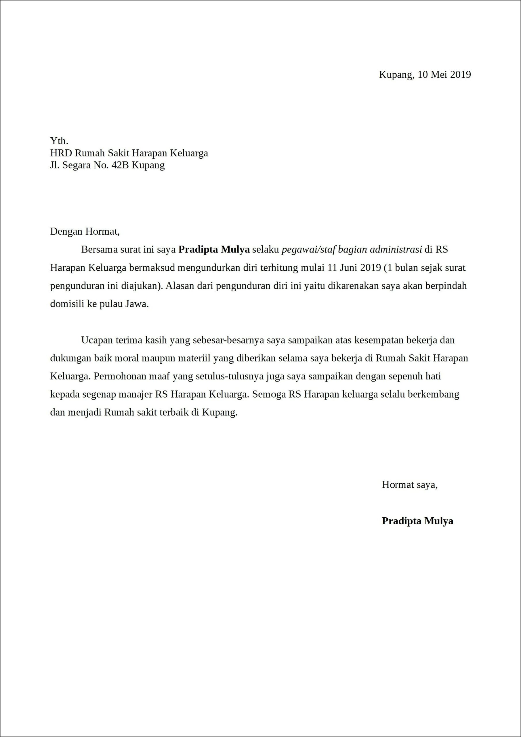 Contoh Surat Pengunduran Diri Dari Pekerjaan Untuk Rumah Makan