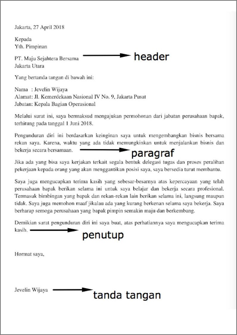 Contoh Surat Pengunduran Diri Dari Pekerjaan