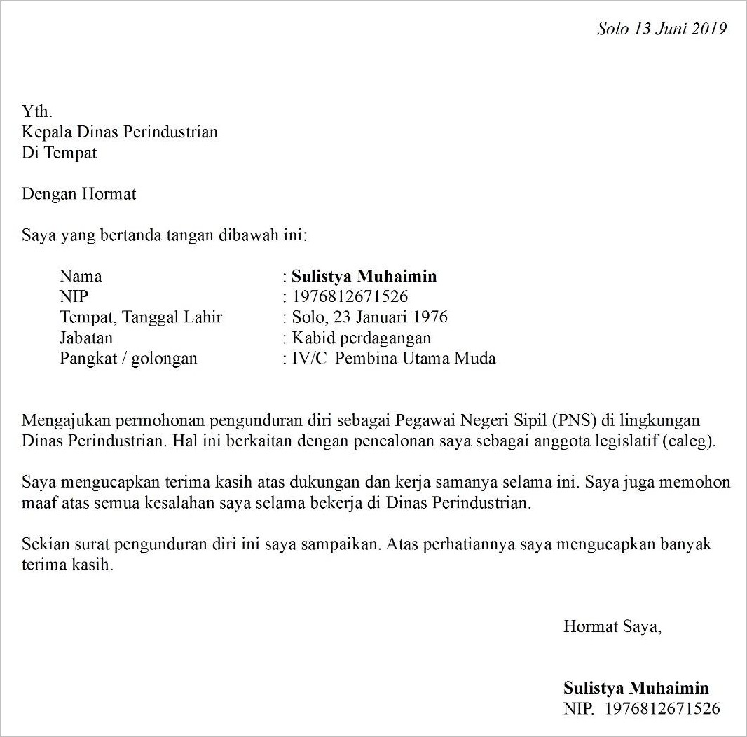 Contoh Surat Pengunduran Diri Dari Tempat Bekerja