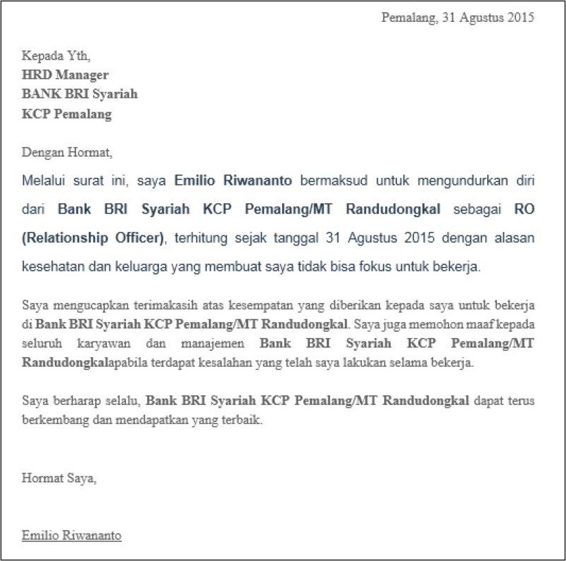 Contoh Surat Pengunduran Diri Habis Kontrak Kerja