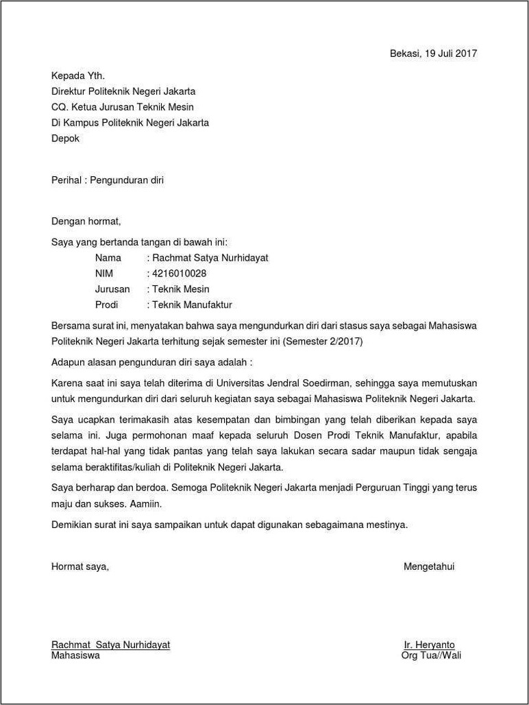 Contoh Surat Pengunduran Diri Kerja Dengan Alasan Ikut Suami