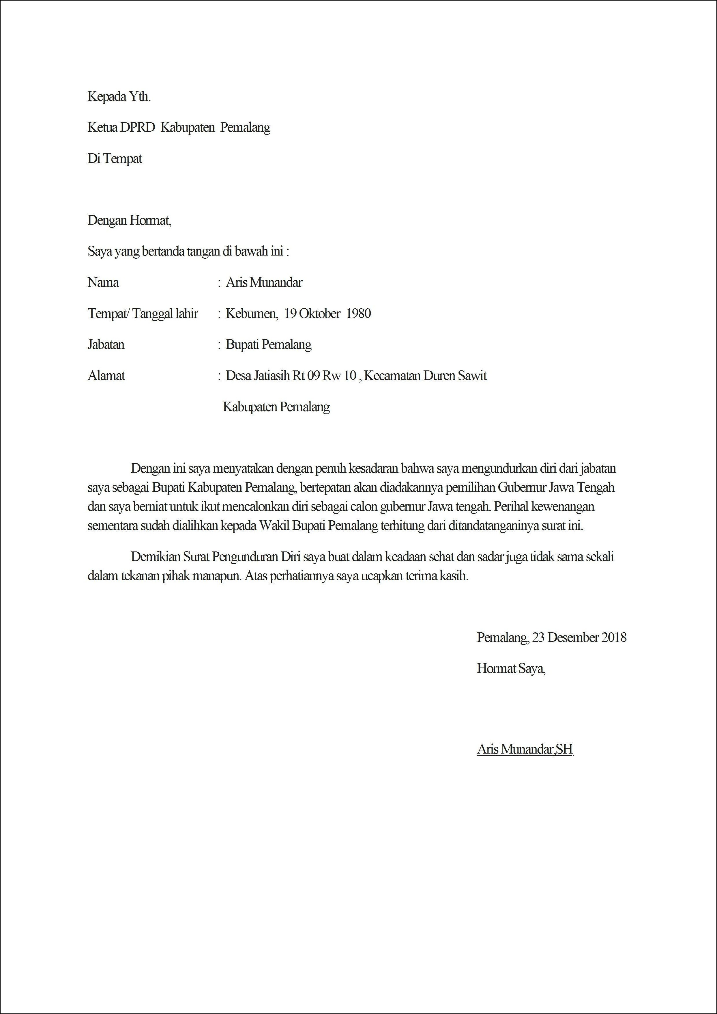 Contoh Surat Pengunduran Diri Kerja Di Pabrik