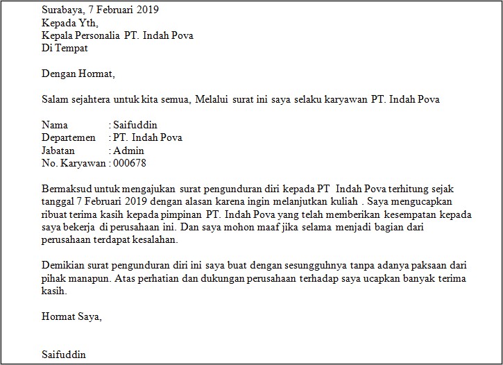 Contoh Surat Pengunduran Diri Kerja Habis Kontrak Di Ppu