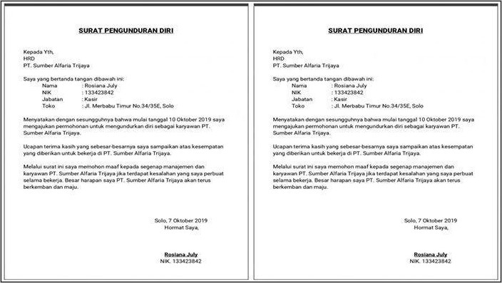 Contoh Surat Pengunduran Diri Kerja Karena Menikah