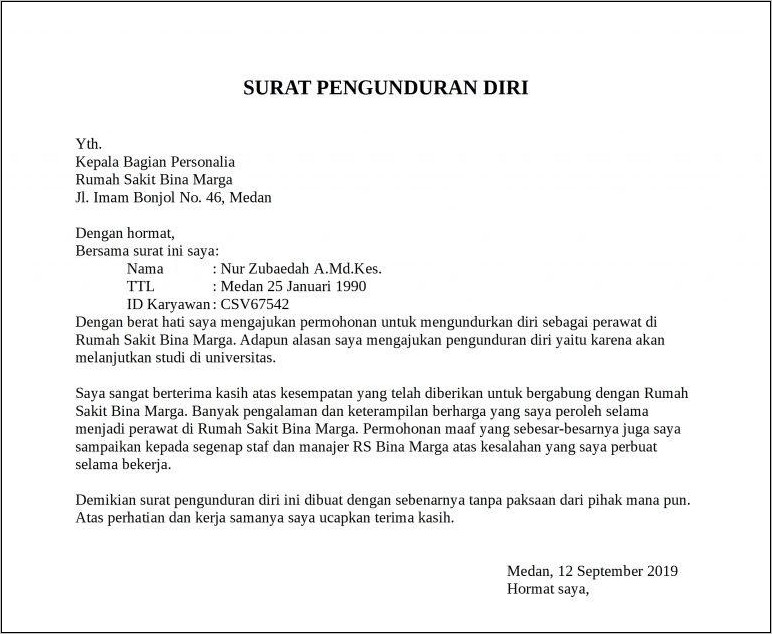 Contoh Surat Pengunduran Diri Kerja Klinik