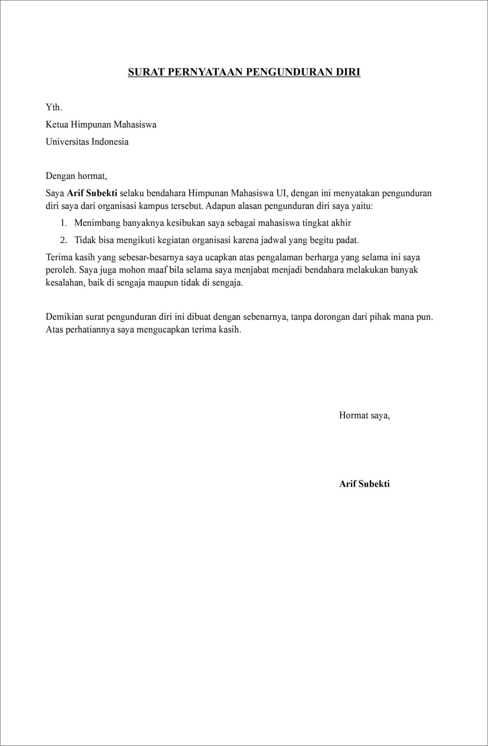 Contoh Surat Pengunduran Diri Kerja Resmi Bahasa Inggris