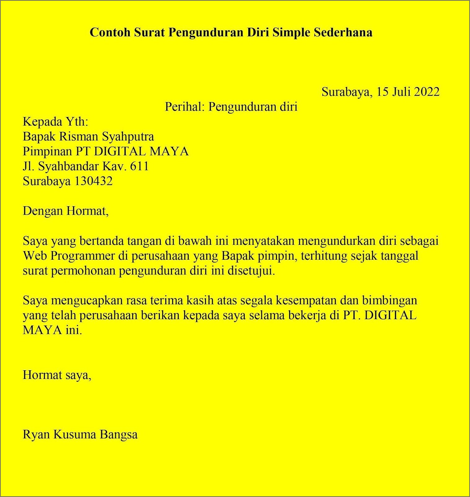 Contoh Surat Pengunduran Diri Kerja Resmi Pdf