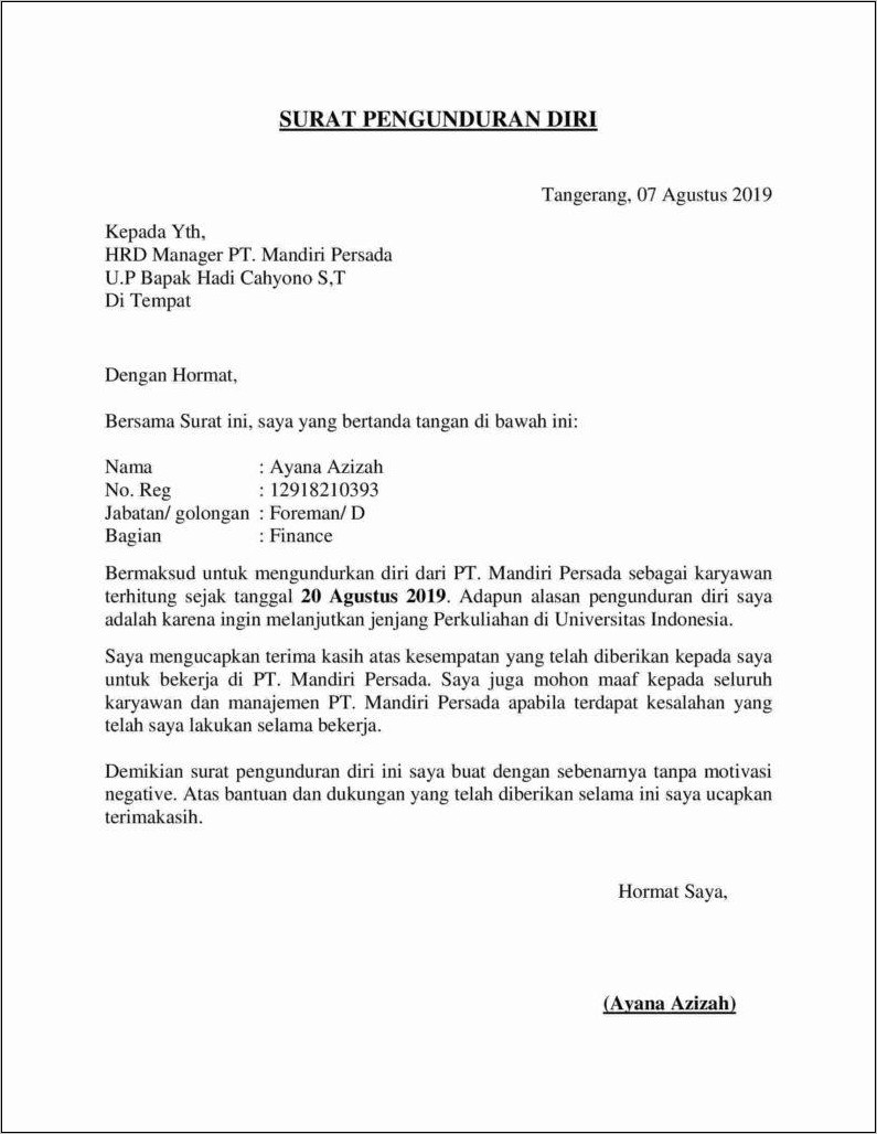 Contoh Surat Pengunduran Diri Kerja Resmi