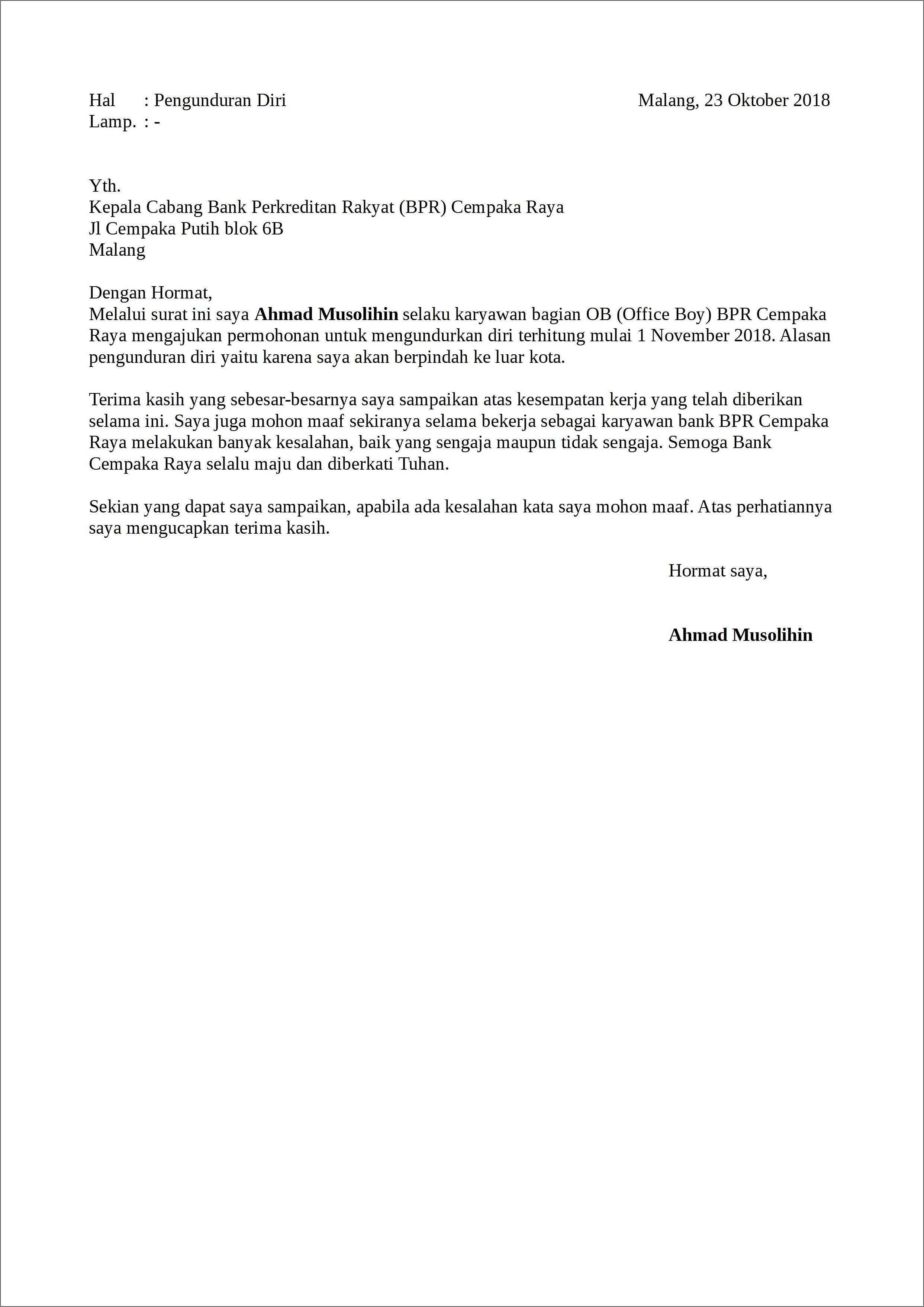 Contoh Surat Pengunduran Diri Kerja Restaurant
