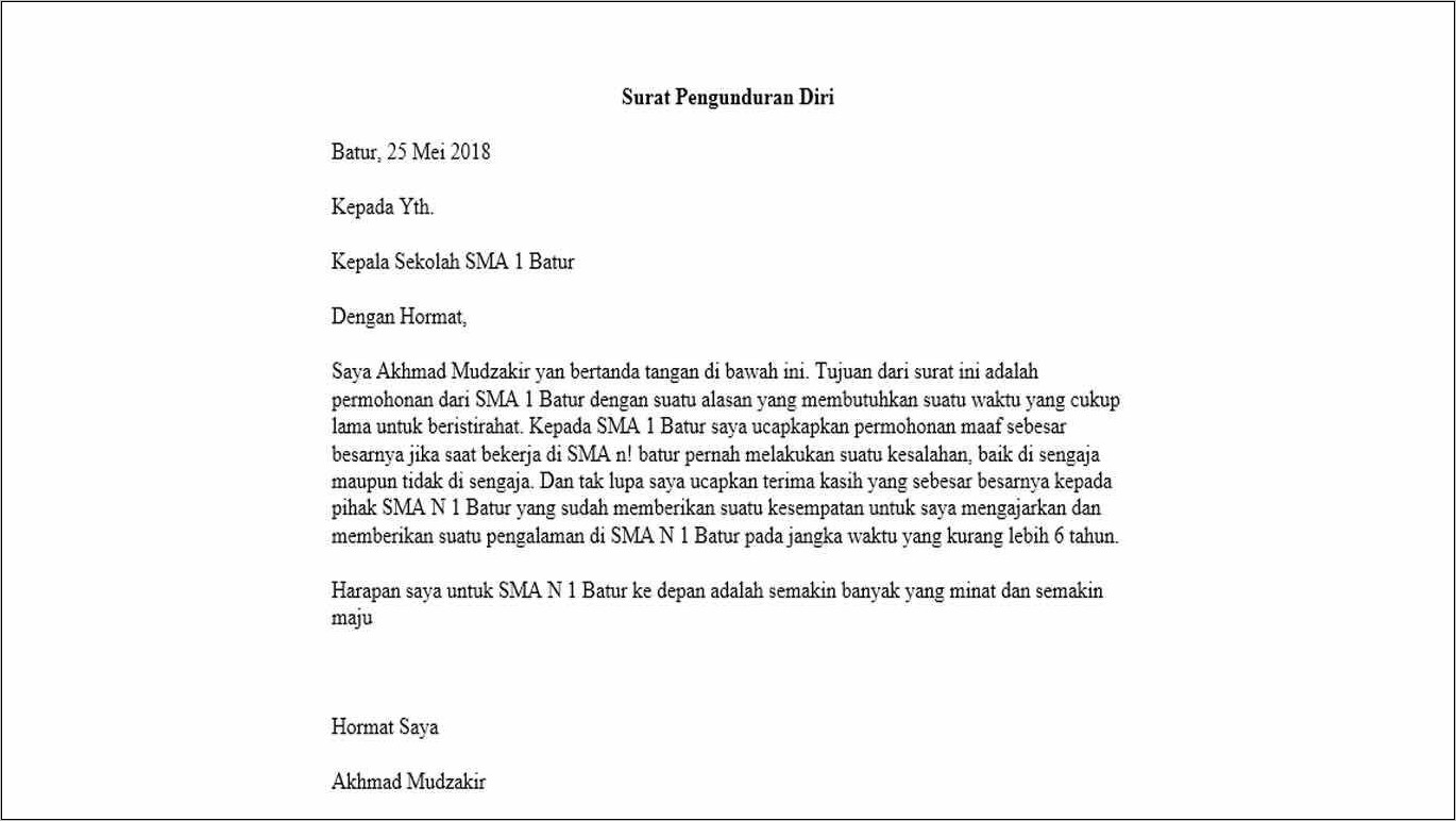 Contoh Surat Pengunduran Diri Kerja Tenaga Kontrak